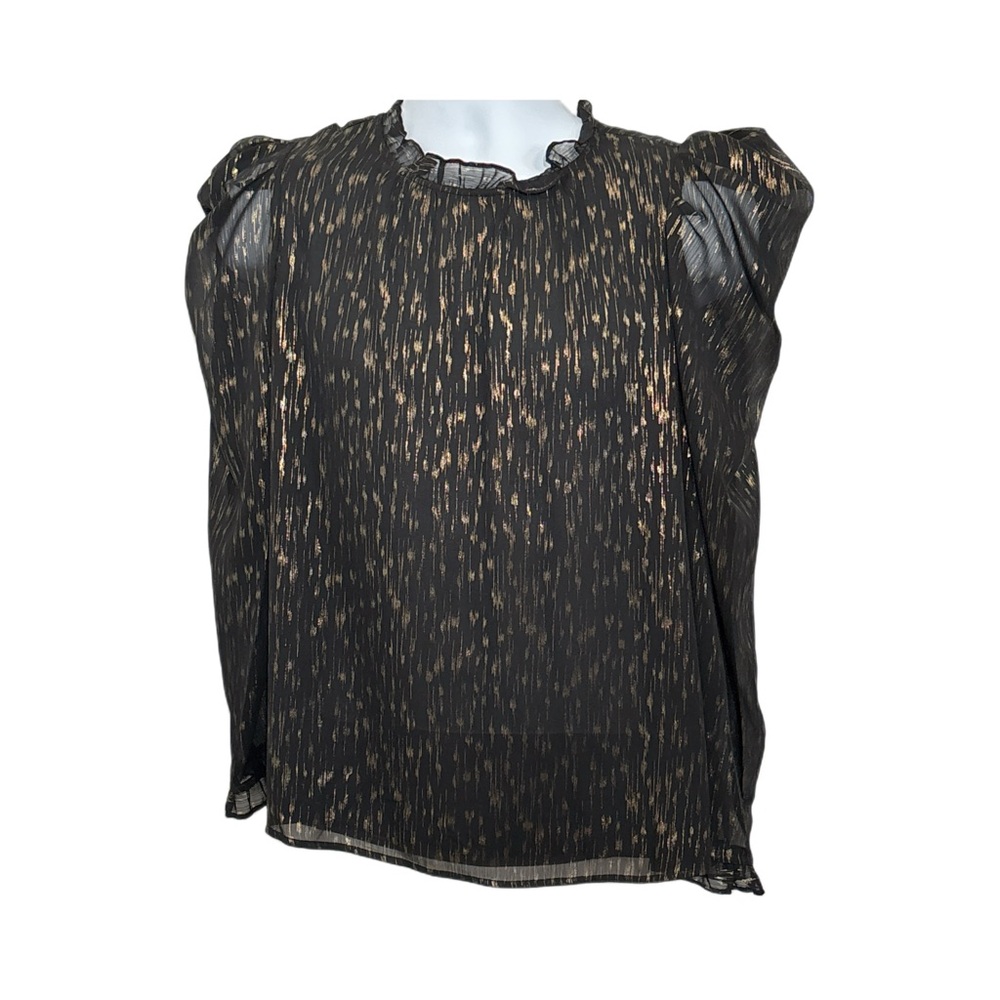 DKNY Black and Gold Holiday Blouse Long Sheer Sleeves Size L